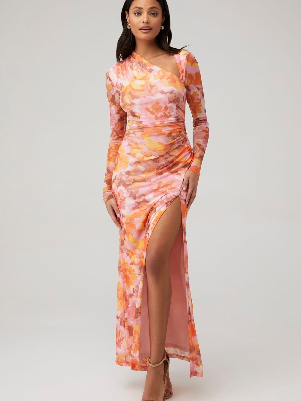 Significant Other Asymmetrical One-Shoulder Pink & Orange Floral Maxi Dress